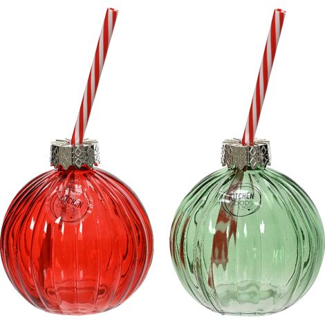 BICCHIERE DI VETRO CON CANNUCCIA, A FORMA DI PALLINA DI NATALE, Ø 9.70 CM, COLORE ASSORTITO, NATALE, TAVOLA NATALIZIA