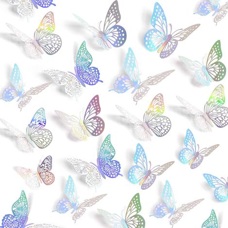Décoration murale papillon 3D 48 pièces 4 styles 3 tailles, décor d'anniversaire papillon autocollant mural amovible (laser) (1/2)
