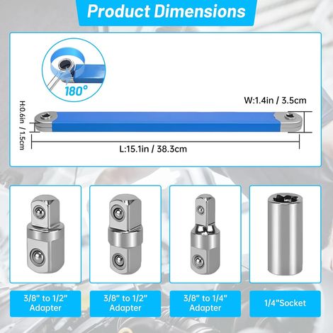 Lot de clés de prolongation déportées pour espaces exigus avec 3 adaptateurs 1/4", 3/8", 1/2", entrainement 0°, acier carbone de qualité (1/5)