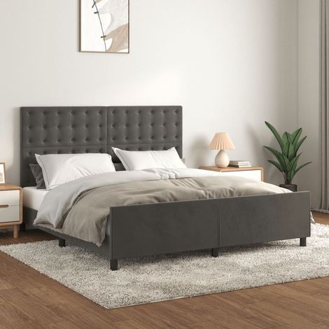 Cadre de Lit Velours Gris foncé 160x200 avec Tête de Lit Réglable et Lattes de Contreplaqué - Sans Matelas Inclus (1/4)