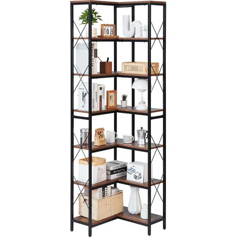 Étagère d'angle à 7 niveaux, hauteur 200 cm, grande bibliothèque du coin en L avec cadre en métal et étagères en bois, meuble de rangement réversible pour chambre, salon, bureau, salle à manger (1/5)