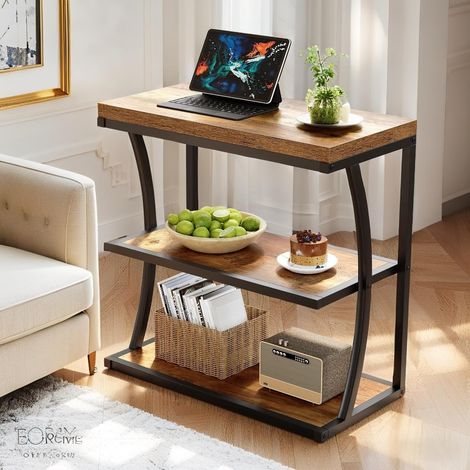 Petite table d'appoint étroite en métal de style maison de campagne pour le salon, table de chevet fine en bois avec espace de rangement pour chambre à coucher, petits espaces