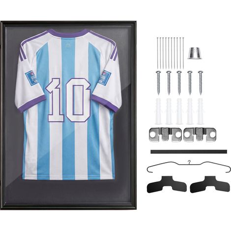 Mophorn Marco de madera para camisetas 71,8 x 92,5 x 4 cm, vitrina con panel de policarbonato con protección UV, ideal para exhibir uniformes deportivos como baloncesto, fútbol y béisbol, color negro (1/5)