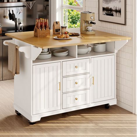 Kücheninsel, Schrank, Buffetschrank 120 x 40 (80) x 95 cm, ausziehbarer Küchenwagen mit Rollen, beidseitig ausziehbar, mit Handtuchhalter und Gewürzregal, zwei Türen, drei Schubladen, schwarz/weiß (1/5)