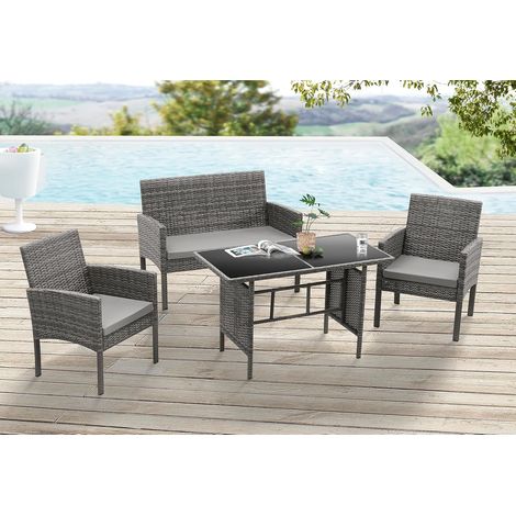 EVRE 4 Seat Porto Garden Rattan Furniture Set 4 Piece Dining Outdoor Wicker Lounge Sofa and Table Grey (1/5)