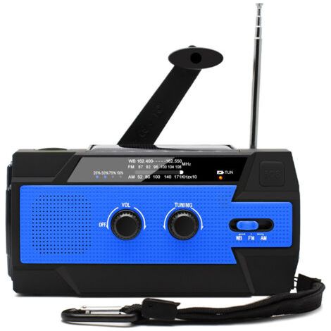 Radio Solaire à Manivelle Portable Radio Dynamo Rechargeable avec AM/FM/WB Batterie Rechargeable Intégrée 4000mAh 4 Modes Lampe de Poche LED Alarme SOS pour Urgence en Plein Air,bleu