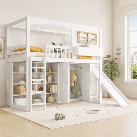 Letto a soppalco 90x200 cm in legno bianco con scivolo, per bambini, senza materasso – MEUBLIV (1/5)