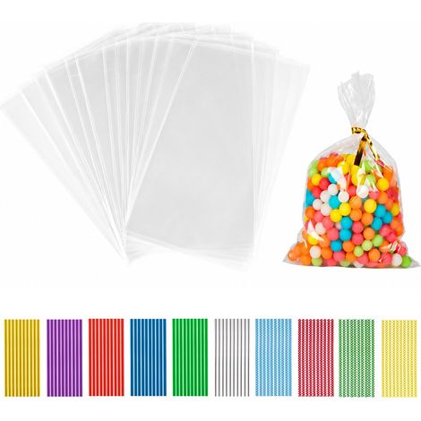 200 Pièces Sachet Bonbon, 25x15 cm Sachet Plastique Transparent Sacs Cellophane avec 200 Rubans Métalliques Pour Bonbons, Biscuits, Pain, Fruits, Etc. Parfaits Pour Les Fêtes De Cadeaux (1/5)