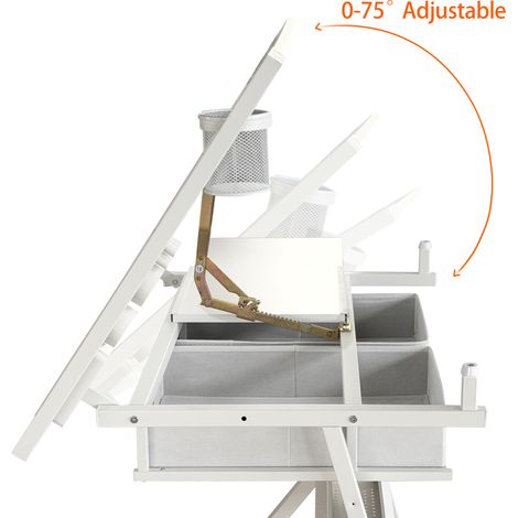 Bureau de dessin réglable en hauteur avec 2 tiroirs, table à dessin blanche pour bureau à domicile, école et atelier, avec tabouret inclus, meuble ergonomique (1/5)