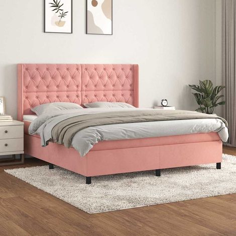Cama box spring con colchón terciopelo rosa 160x200 cm (1/5)