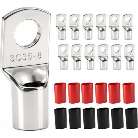 Lot de 12 cosses de câble tubulaires de 35 mm², trou M8, cuivre épais non isolé, cosse de câble SC pour connexions électriques (12 gaines thermorétractables 3:1 incluses dans la livraison) (1/5)