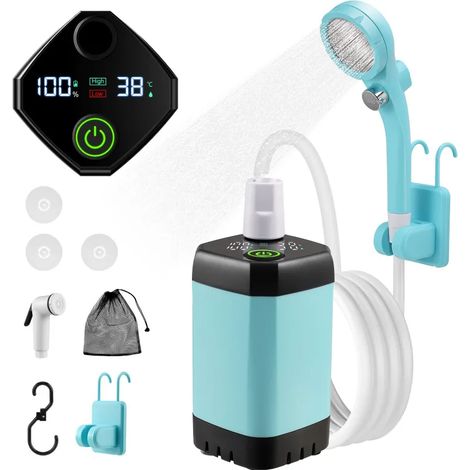 Douche de camping portable avec pompe et batterie 6000 mAh rechargeable, affichage température et puissance. Idéale pour camping, voyage, jardinage, lavage voiture et activités extérieures. (1/5)