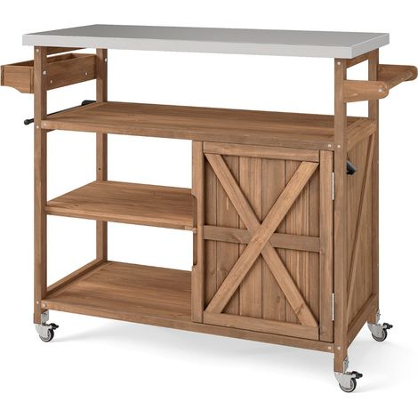 Carrello per barbecue con vano portaoggetti 118 x 47 x 92 cm 4 ruote universali sedile ergonomico design naturale 200017324