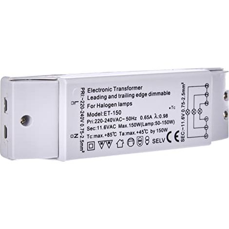 Transmedia Trasformatore alogeno ET-150 230/12V/50-150W, protezione da sovraccarico, fusibile termico, non dimmerabile, 160 x 46 x 30 mm (1/4)