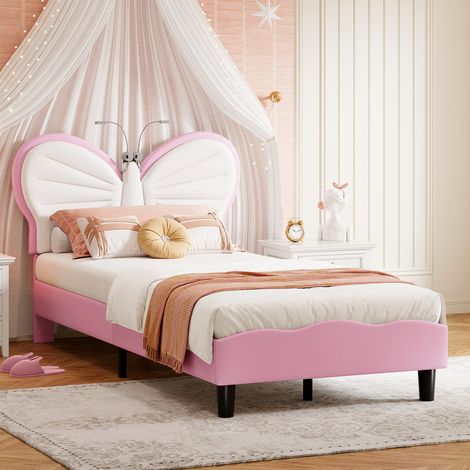 Lit fille 90 x 200 avec sommier,lit enfant rembourré avec lampe de lecture LED flexible,lit 90x200 avec sommier à lattes en bois,lit rose en velours (1/5)