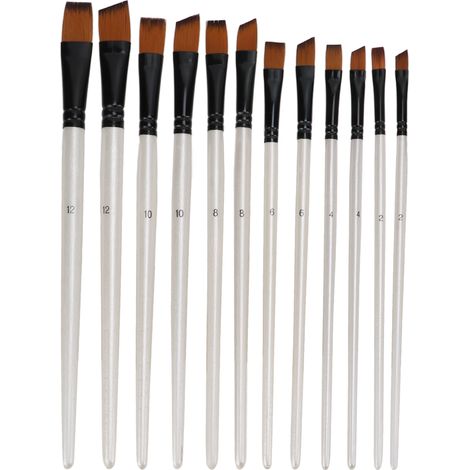 Coffret de 12 pinceaux à peinture (tige blanche nacrée, deux couleurs), en nylon, pour aquarelle et peinture à l'huile. Pinceaux à pointes diagonales et plates.