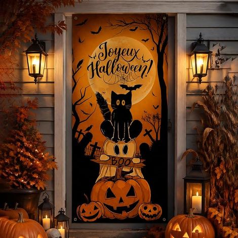 rideau d'Halloween, 180 x 90 cm, décoration, citrouille de porte de chat noir, décoration intérieure, décoration de fenêtre, décoration de porte, décoration pour murs d'entrée et (1/5)