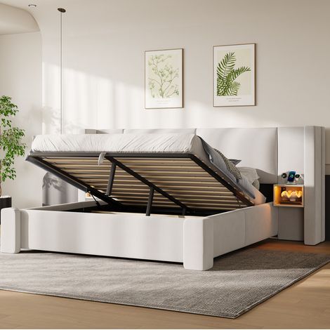 Lit rembourré en lin 140x200 cm avec LED, rangement hydraulique et étagères beige OKWISH (1/5)