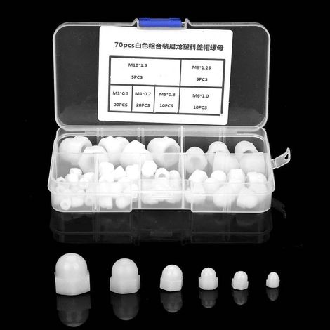 Kit Écrous Borgne Dôme M3/M4/M5/M6/M8/M10, 70 Pièces en Nylon - Hexagonal, Blanc, Haute Résistance (1/5)