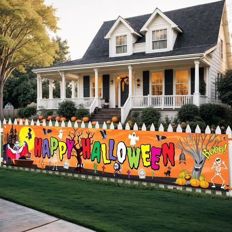 Bannière colorée « Joyeux Halloween » de 120 x 20 pouces – Décoration extérieure pour les fêtes d’Halloween et d’été (1/5)
