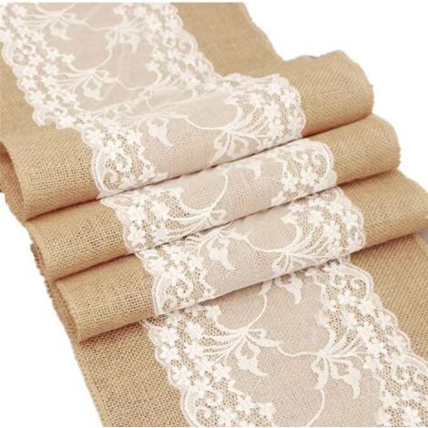 Chemin de table en jute 275cm x 30cm – Dentelle blanche élégante – Résistant aux taches – Décoration mariage et événements (1/5)