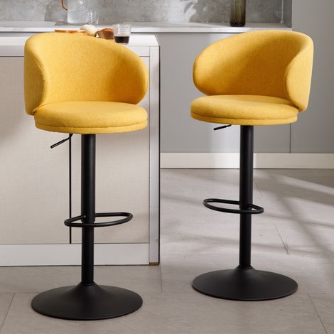 Wahson Lot de 2 tabourets de bar réglables en lin – Coussins épais confortables – Hauteur ajustable 65-86cm – Repose-pieds en métal noir, Jaune