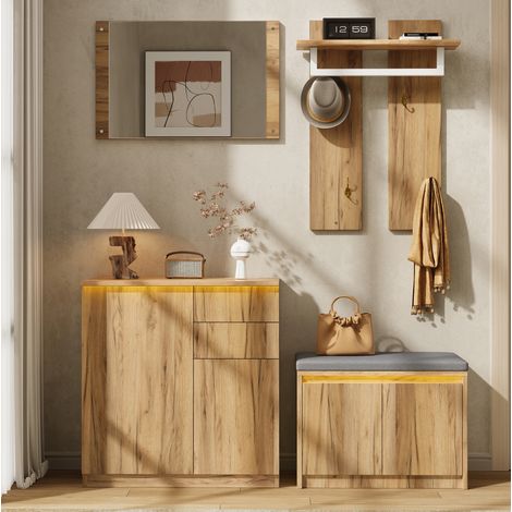 MODFU – Set de vestidor 130x35x124,5 cm de paneles con espejo, ropero, banco acolchado, compartimento, carga 50 kg y antivuelco – Natural (1/5)