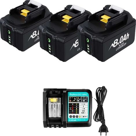 Batería para herramientas eléctricas, capacidad de 8000 mAh, compatible con BL1830, 3 x 8,0 Ah, 1 x cargador (1/2)