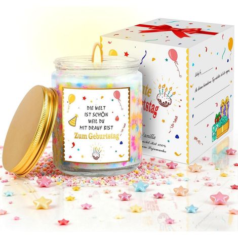 Bougie parfumée Vanille avec message "Joyeux anniversaire" - 60h de combustion, cire de soja, boîte cadeau