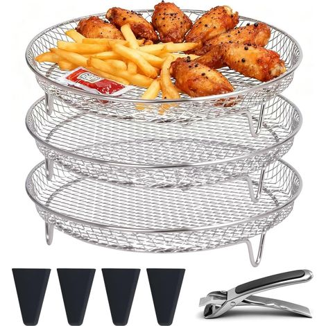 Airfryer Accessoires 3 pièces paniers en acier inoxydable – Racks empilables avec pieds en silicone et protection anti-brûlure – Accessoire pratique pour friteuse à air chaud pour Philips (1/5)