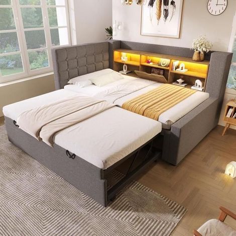 Lit jour enfant - KOMHTOM - L-forme 90x200 - velours gris - rangement hydraulique - sommier à lattes inclus (1/5)