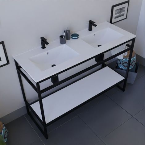 Meuble salle de bain STRUCTURA 120 cm avec plan double vasque- Céramique - Blanc (1/4)