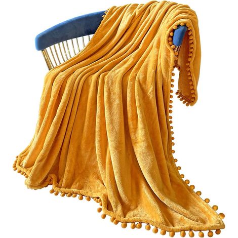 Couverture en flanelle à franges pomponnées, jeté doux pour canapé, décoration intérieure (jaune, 130 x 160 cm) (1/4)