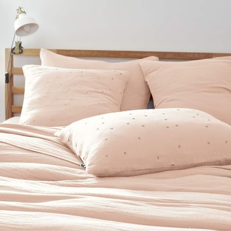 Taie d'oreiller à pois brodés double gaze de coton rose 50x70 cm (1/2)
