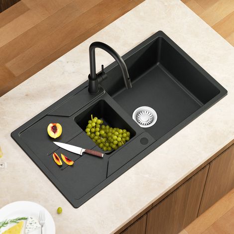 CECIPA MAX Küchenspüle Granit 86 x 45 cm Aufsatzspüle 1,5 Becken mit Abtropffläche, Granitspüle inkl. Siphon Ab- und Überlaufgarnitur