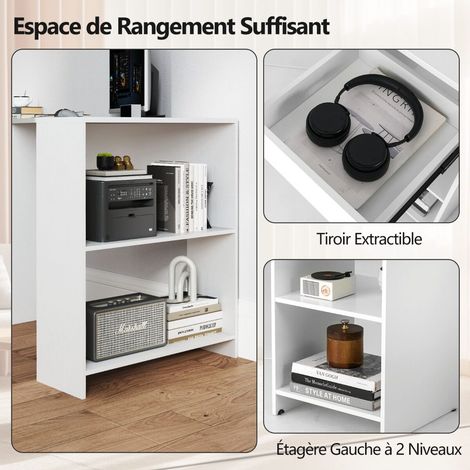 Bureau informatique d angle blanc 120 x 60 cm en bois avec étagères ouvertes et tiroir coulissant pour bureau, chambre et salon (1/5)