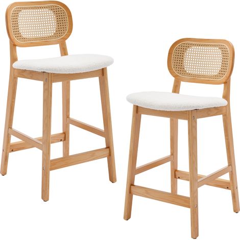 Wahson Taburetes Altos de Madera 2 Unidades – Asiento de Lana Sintética Beige, Respaldo de Ratán y Patas de Madera Maciza, Sillas para Isla de Cocina y Barra