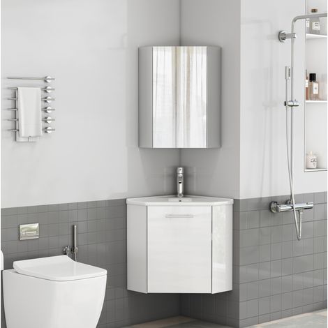 Set bagno angolare con mobile lavabo e pensile specchio, design salvaspazio, lavabo in ceramica, MDF, bianco lucido (1/5)