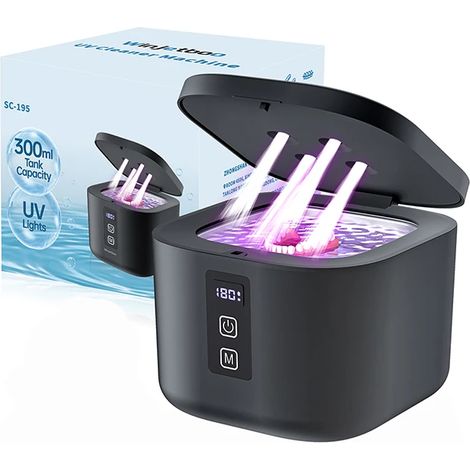 Nettoyeur ultrasonique (noir) avec lampe UV et minuterie numérique, adapté aux prothèses dentaires et aux appareils orthodontiques, 300 ml (1/5)