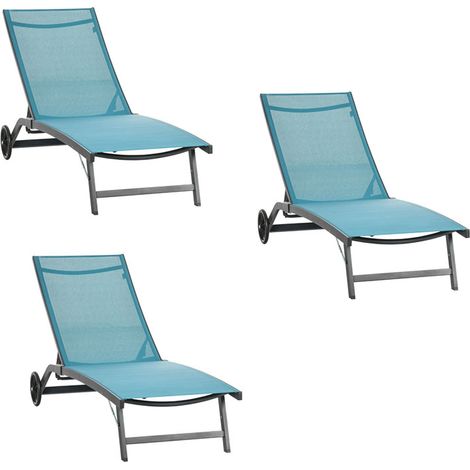 3er-Set sonnenliege Liegestuhl mit Rollen verstellbare Rückenlehne Gartenliege aus Polyester und Aluminium Blau 195 x 165 x 102 cm für Komfort im Freien