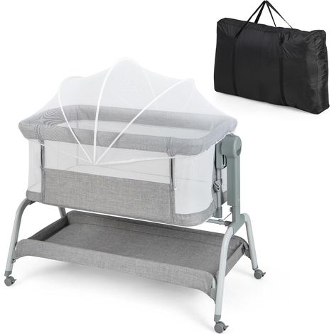 GOPLUS Lit Parapluie avec Inclinaison & 6 Hauteurs Réglables, Berceau de Chevet avec Matelas & Moustiquaire, 0-6 Mois Bébé , Gris (1/5)