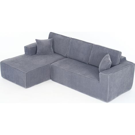 Canapé d’angle modulaire en velours côtelé entièrement compressé, 2 places + méridienne, avec rembourrage en mousse haute densité souple, adapté au salon, à la location et à l’appartement, Gris (1/5)
