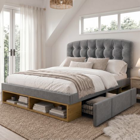 Lit rembourré 140x190 cm avec tête de lit réglable, rangement et tiroirs, lit coffre en velours avec sommier, design arrondi - Gris (1/5)