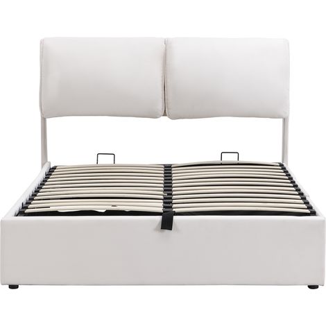 Lit tapissé 140190, sommier hydraulique, trois tiroirs, coffre de rangement, sommier à lattes avec tête de lit, sans matelas, velours beige (1/5)