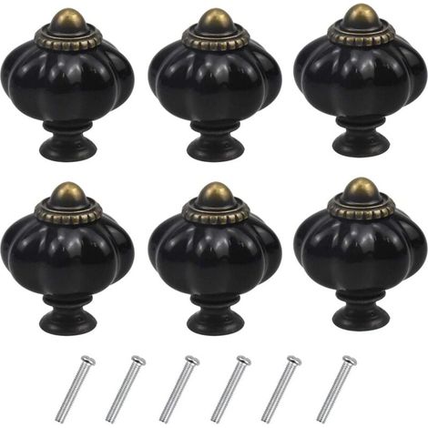 (Noir) Lot de 6 poignées de meubles vintage en forme de citrouille, boutons de tiroir avec vis pour armoires de cuisine, commodes et penderies (1/4)