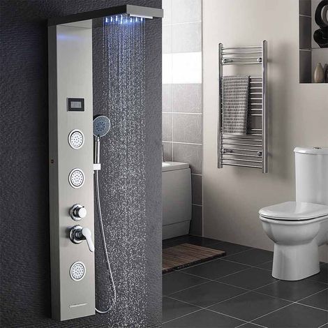 Panneau de Douche Colonne de Douche Hydromassante LED LCD Panneau de Douche Acier Inox Brossé avec 3 Jets de Massage Douchette ronde (1/5)