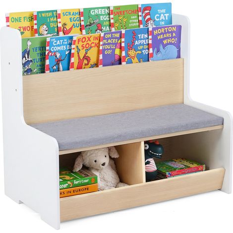 Banc pour Enfant  3 Ans+ avec Bibliothèque et 2 Coffres à Jouet, Coussin de Siège Amovible, 80 x 48 x 74,5 cm, Blanc (1/5)