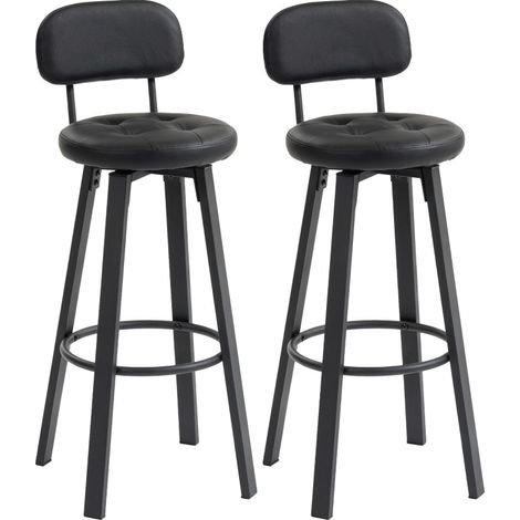 Lot de 2 tabourets de bar pivotants en simili cuir noir avec dossier et repose-pieds, structure métallique (1/5)