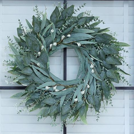 Corona de eucalipto de 66 cm para puerta principal, gran corona de follaje artificial para porche, ventana, casa de campo, decoración colgante para fiestas, primavera, verano, otoño y todas las estaci (1/5)