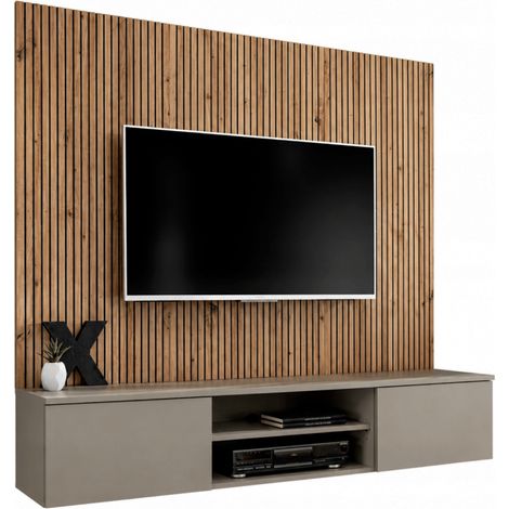 Ensemble Meuble TV Rayure "Xari" 160cm Naturel & Gris Argile (1/2)